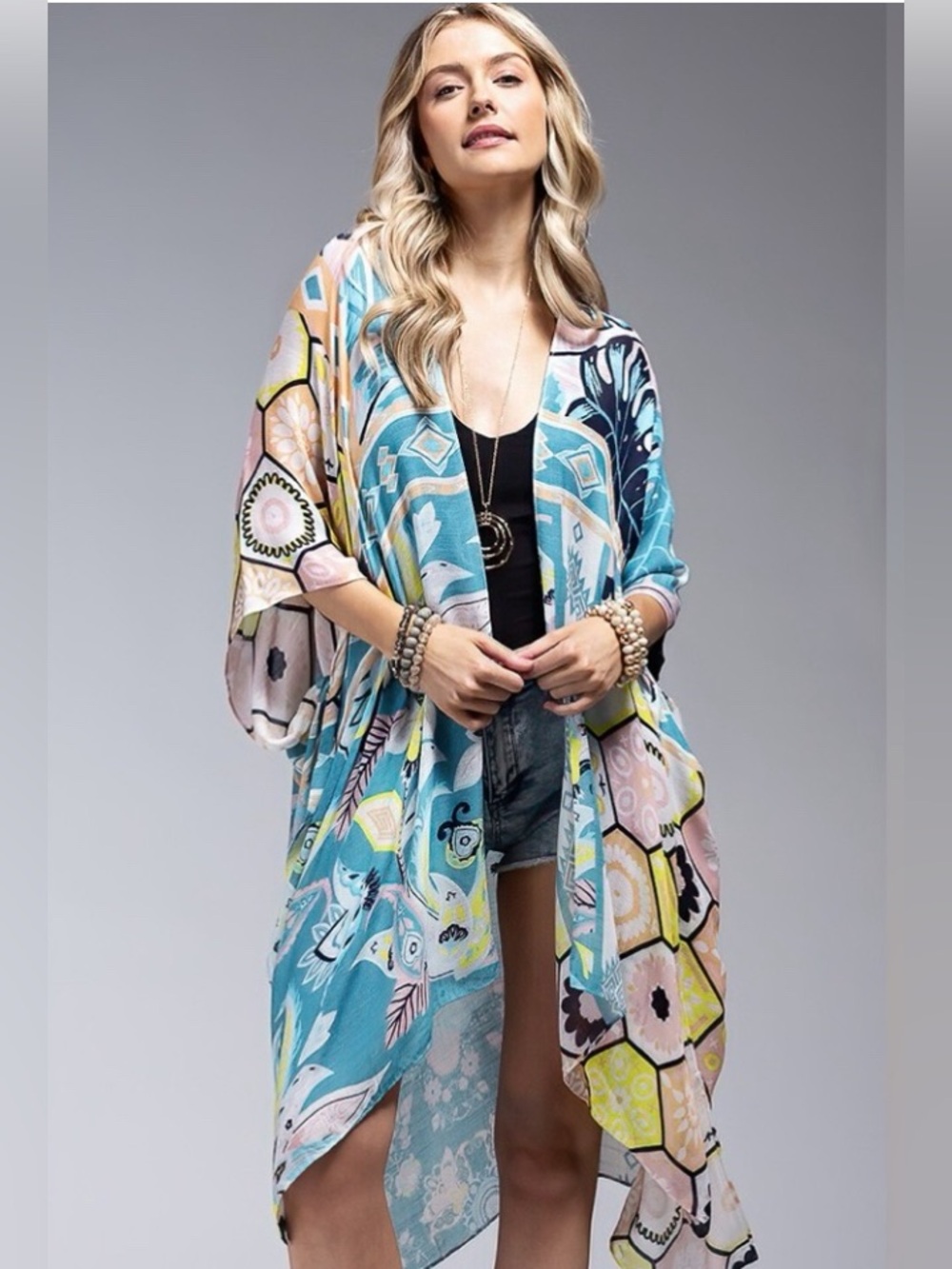 Lightweight Pastel Floral & Geometric Kimono Wrap - Pastel Blue O/S - Picture 4 of 7